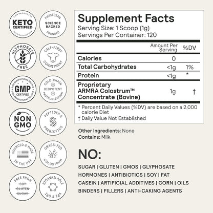 ARMRA Colostrum™ Powder | Unflavored | Gut Health & Bloating | Skin & Hair | Immunity | Keto, Gluten & Fat-Free | 120 Servings